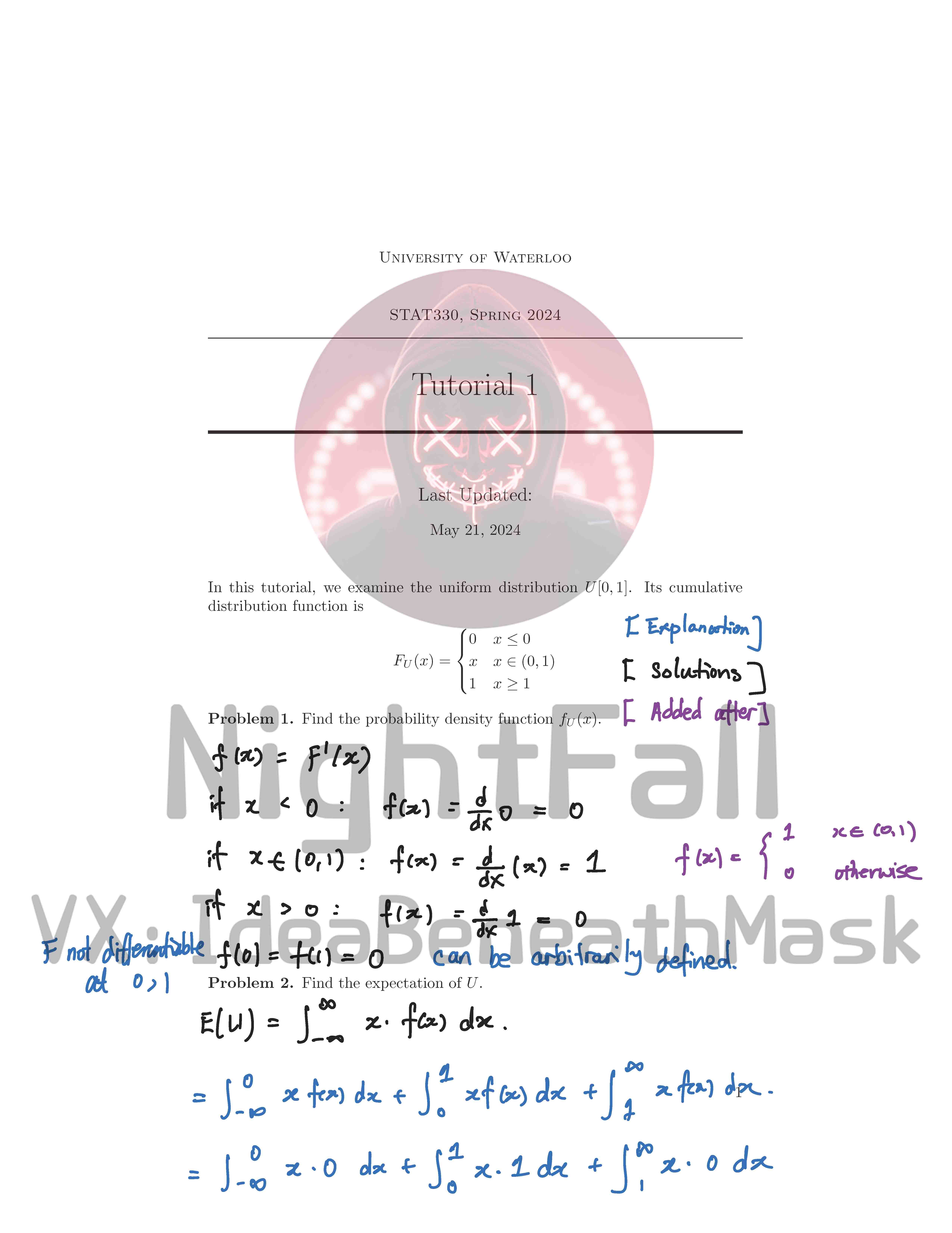 滑铁卢大学UW STAT330辅导板书截图1